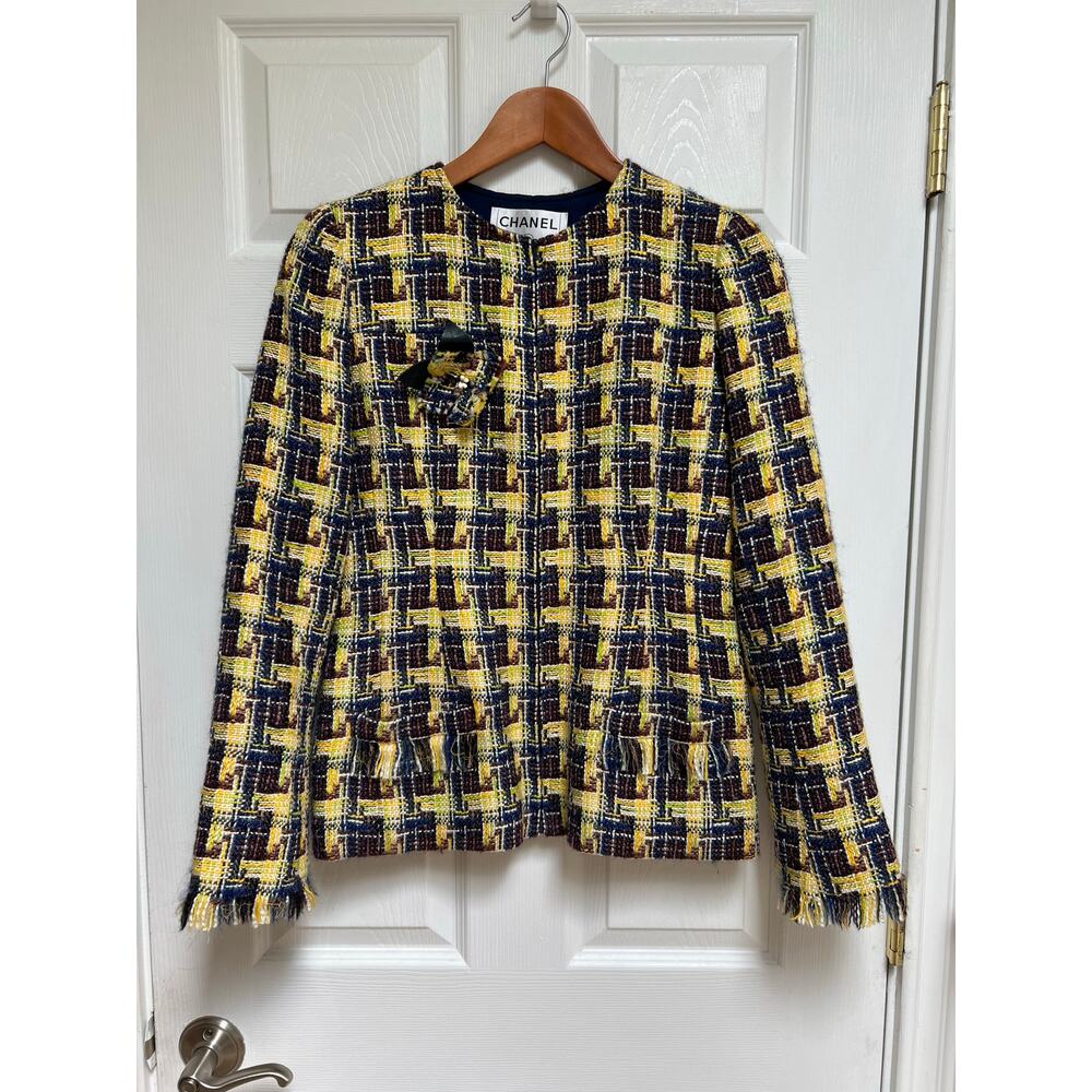 2004 Vintage Chanel Runway Yellow Multicolor Wool Jacket with Scarf and Brooch